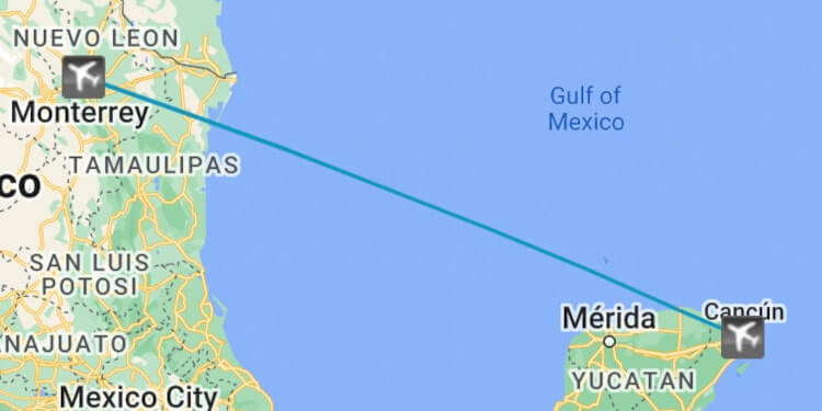 Mapa de ruta en jet privado de Monterrey a Cancún