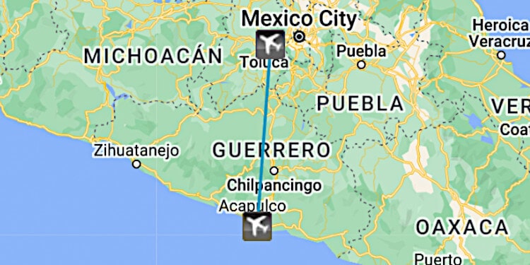 Mapa de vuelo en jet privado de Toluca a Acapulco