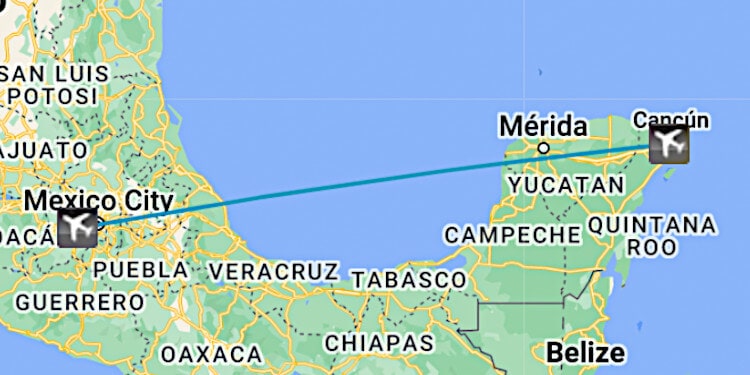Mapa de vuelo en jet privado de Toluca a Cancun 
