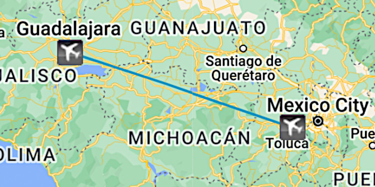 Mapa de vuelo en jet privado de Toluca a Guadalajara 