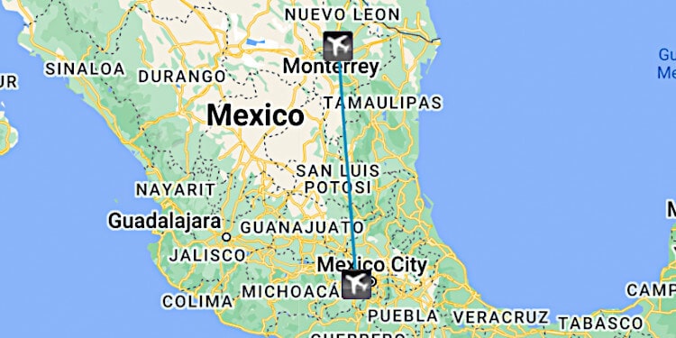 Mapa de vuelo en jet privado de Toluca a Monterrey 