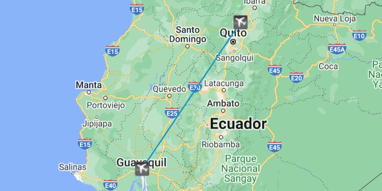 Guayaquil a Quito em mapa de jato particular