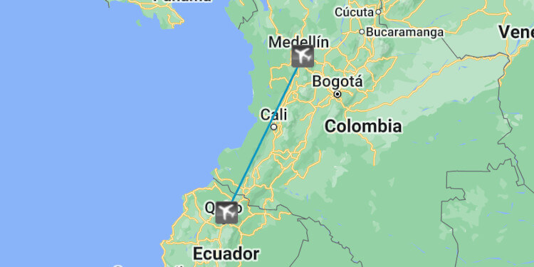 Mapa de jato particular de Medellín para Quito